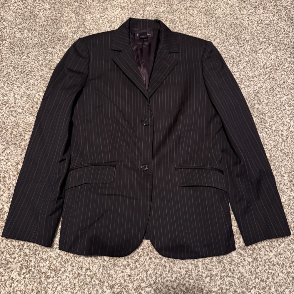 Brooks Brothers Blazer Women 8 Black Pinstripe‎ 100% Wool Two-Button Jacket